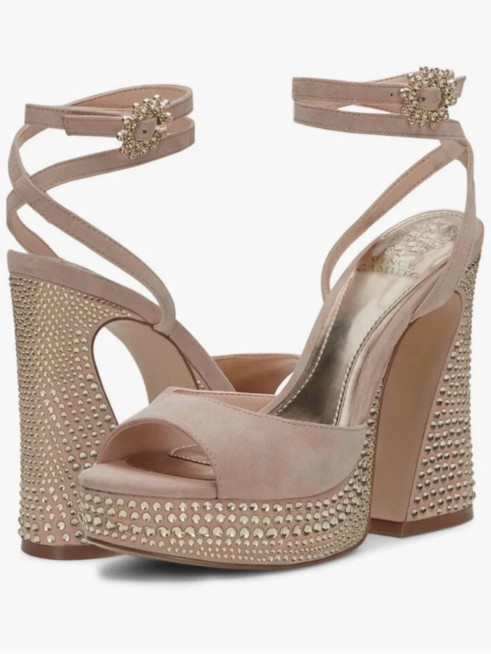 Vince Camuto Inna 9M Platform Jewel Embellishment Sandal Champagne Suede